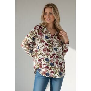 Brina & Em Lemmy Silky Floral V Neck Top Size Medium Long Sleeve Pullover